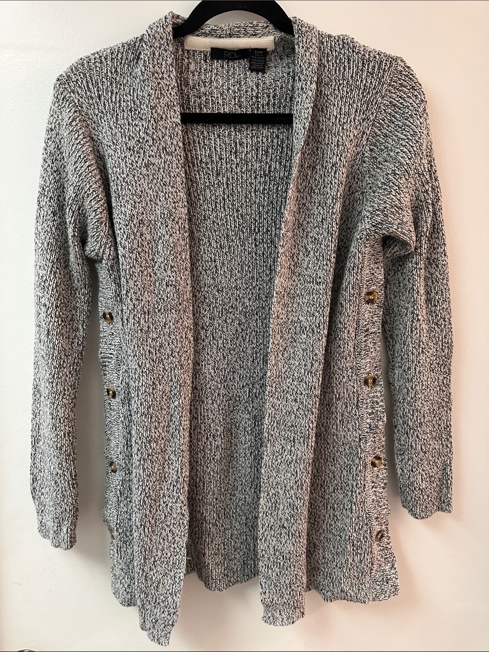 RDI Black & White Marled Open-Front Cardigan with Gold Buttons